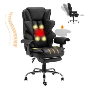 homrest 6-point massage office chair,heating executive chair,ergonomic home office desk chair with retractable footrest and reclining function,leather computer chair with adjustable armrest(black)