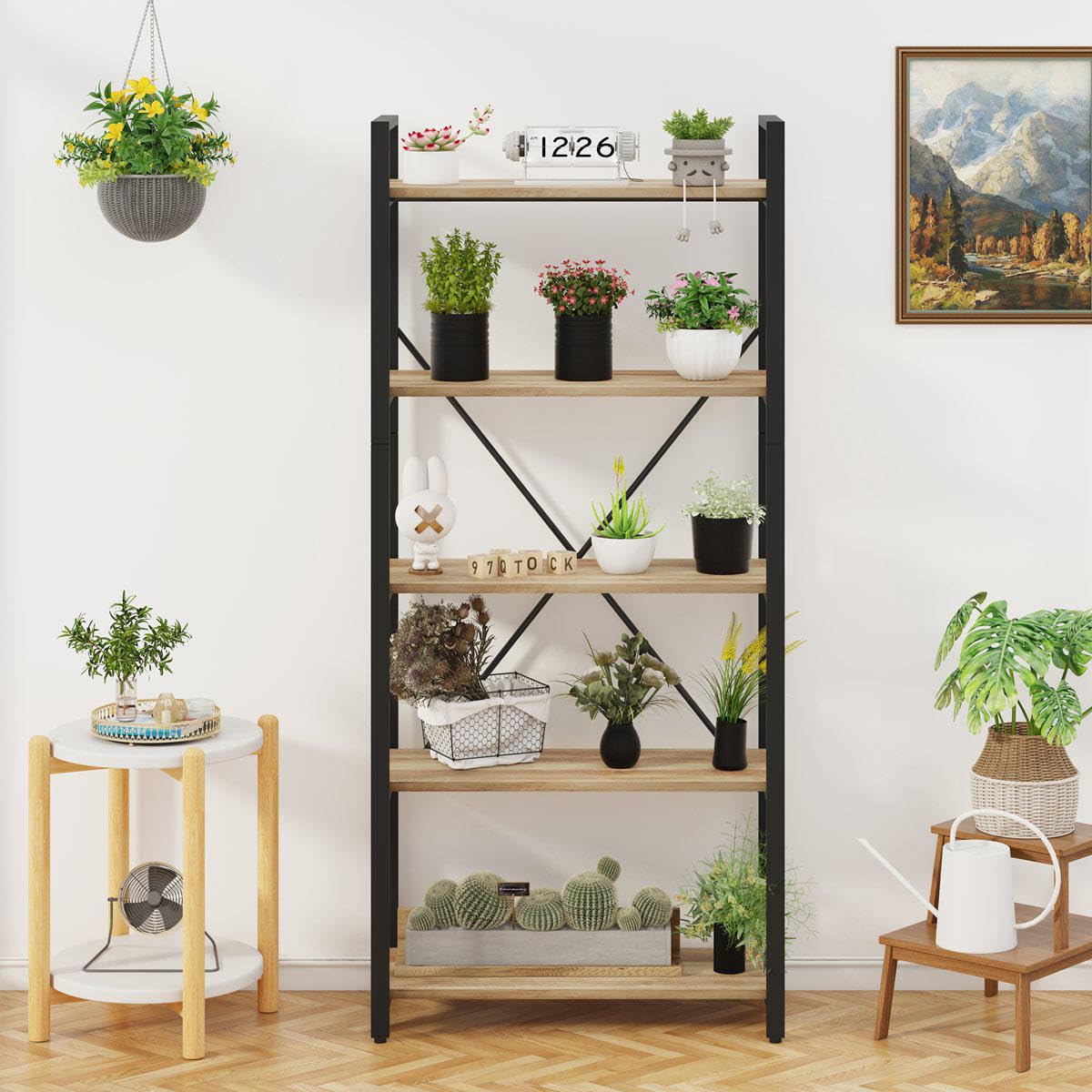 FATORRI Industrial 5 Tier Bookshelf and Shoe Cabinet for Entryway Hallway Living Room (Rustic Oak+White Oak)