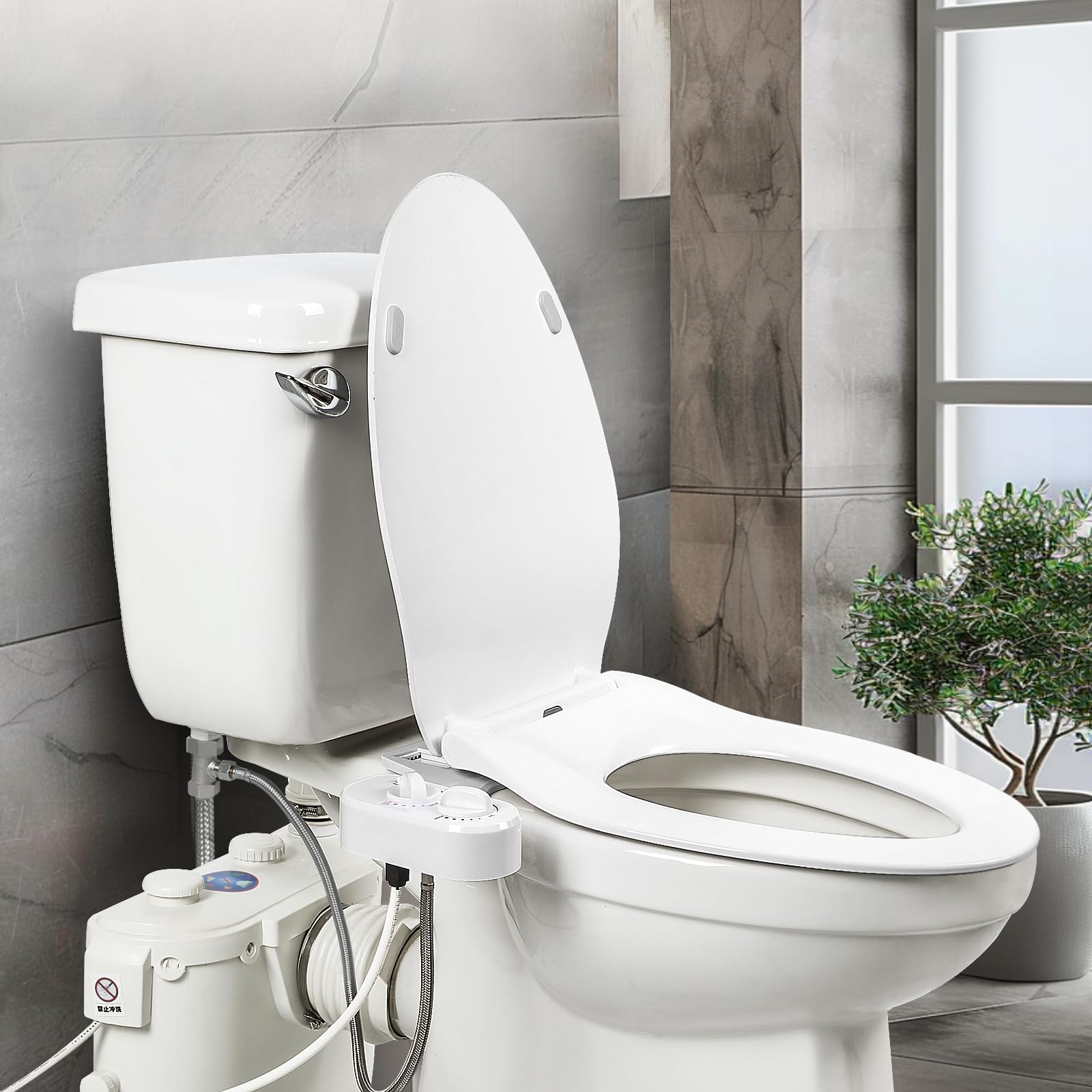 Macerating Toilet with 500Watt Macerator Pump, Upflush Toilet For Basement with Bidet Attachment,Extension Pipe,Toilet Tank and Macerator Pump with 4 Water Inltes for Bathroom, Kitchen Sink,