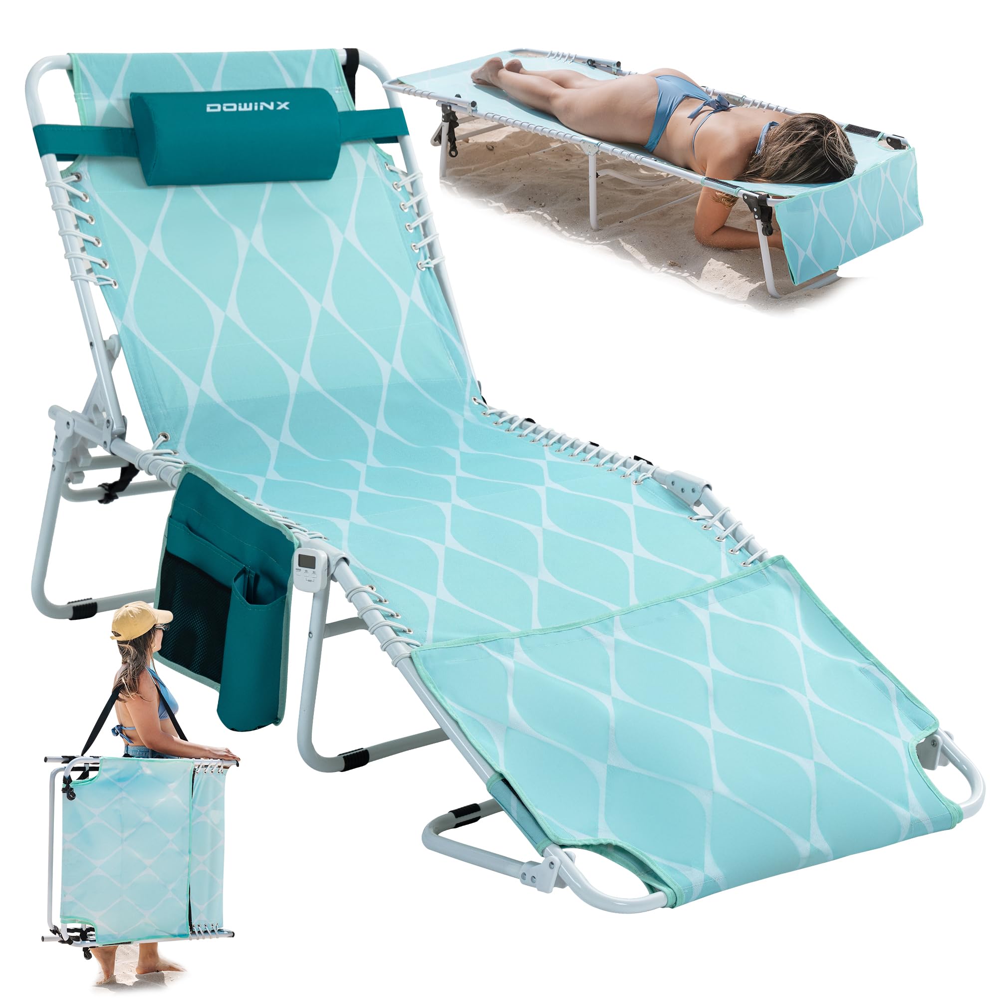 Dowinx Oversized Tanning Chair with Face Hole, Portable Chaise Lounge for Adults, Folding Beach Chair Outdoor Lounge Chair for Outside Sunbathing Reading Stomach, Lay Flat Sun Lounger, 475lbs, Aqua