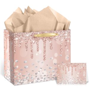 large rose gold gift bags with cards tissue paper for women girls wrapping paper bag present bag with handles for christmas wedding 16 21 40 50 60 birthday anniversaries bridal showers party supplies