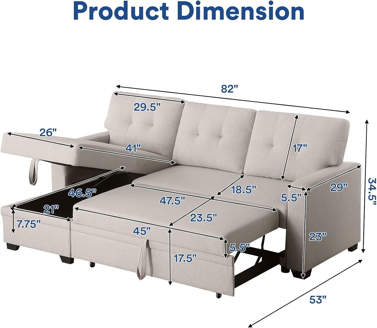 Wakefit Sectional Sofa Couch, 4-in-1 Sleeper Sofa Bed with Reversible Storage Chaise Pull Out Couch for Living Room | Hidden Stroge | Pull Out Bed | Removable Backrest | Linen Fabric, Beige