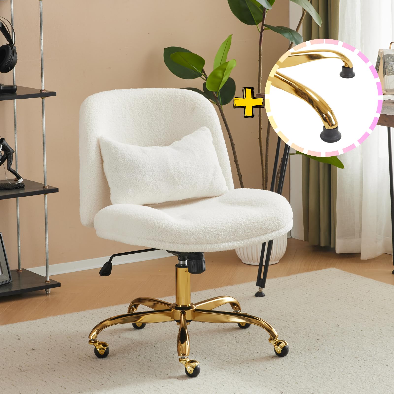 VINGLI Wide Criss Cross Legged Office Chair,Buttprint Ergonomic Desk Chair Comfy with Pillow&Gold Base,Dual-Use with/no Wheels,Adjustable Vanity Swivel Chair for Bedroom,Home Office,Teddy Fleece,White