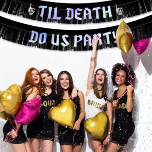 Til Death Do Us Party Banner with Fringe Garland, Halloween Banner Pre-Strung Bachelorette Party Garland Anniversary Party Decoration Sign for Bride Groom Wedding Backdrop (Black & Iridescent)