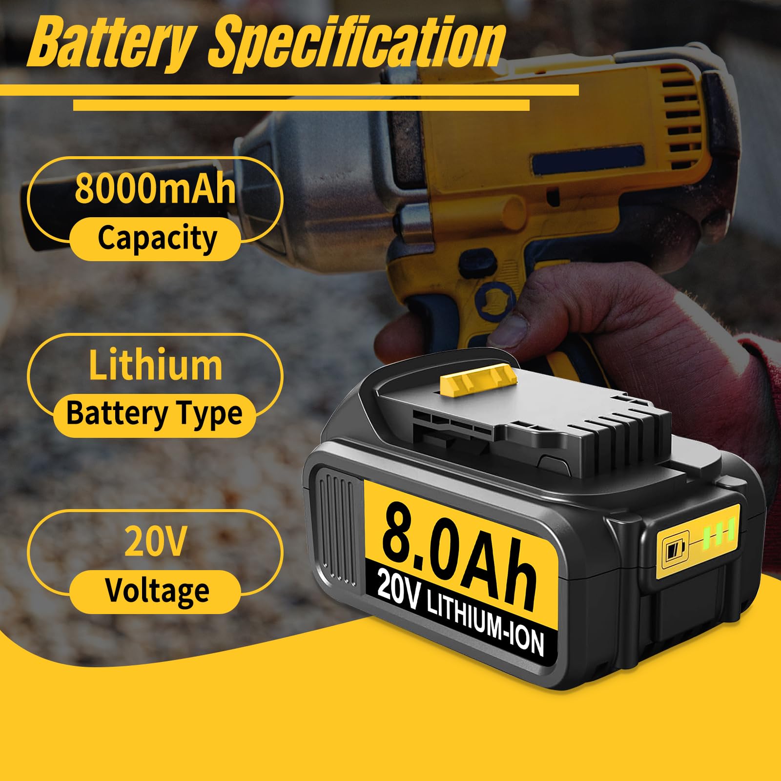 Blawhi 2-Pack 20V 8Ah Batteries Replacement for DeWalt 20V Battery, Compatible with Dewalt Battery 20v DCB200 DCB203 DCB204 DCB210 and Cordless Power Tools with Led Indicator