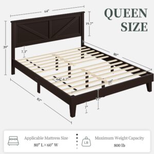 Yaheetech Wood Bed, Rubber Wood Platform Bed Frame with Headboard/Wood Slats, Farmhouse Style, No Box Spring Needed, Mattress Foundation, Noise-Free, Easy Assembly, Queen Size, Espresso