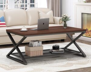 lvb walnut coffee table with storage, metal wood rectangle living room table, industrial 2 tier center table with mesh shelf, vintage wooden middle concrete tables for office bedroom, 39 inch, walnut