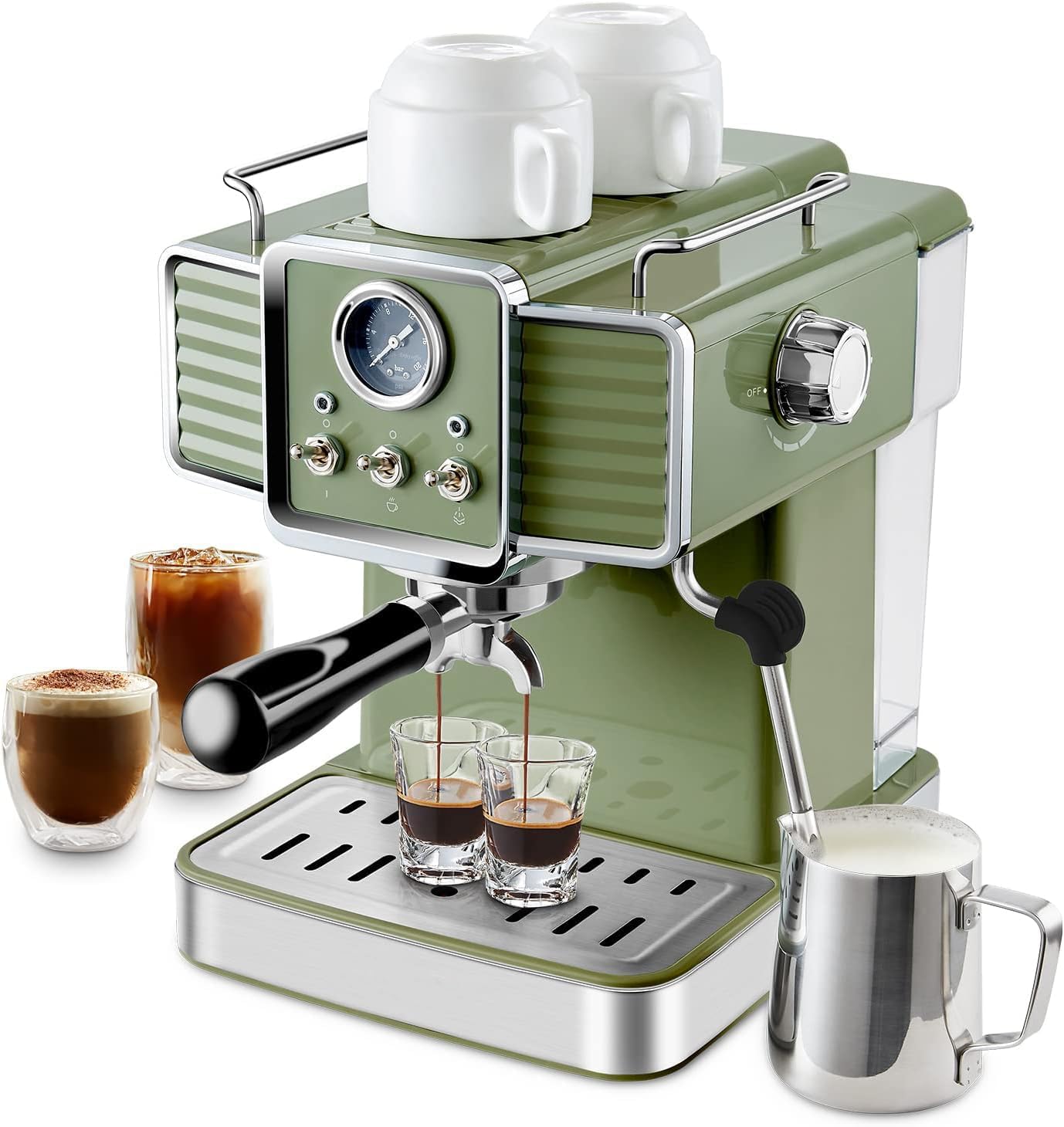 InfiniPower 15 Bar Espresso Coffee Machine with Milk Frother Steam Wand, 1350W Professional Coffee Maker, 54 Oz Removable Water Tank Espresso Maker Cappuccino, Latte, Machiato, Green, For Home Barista