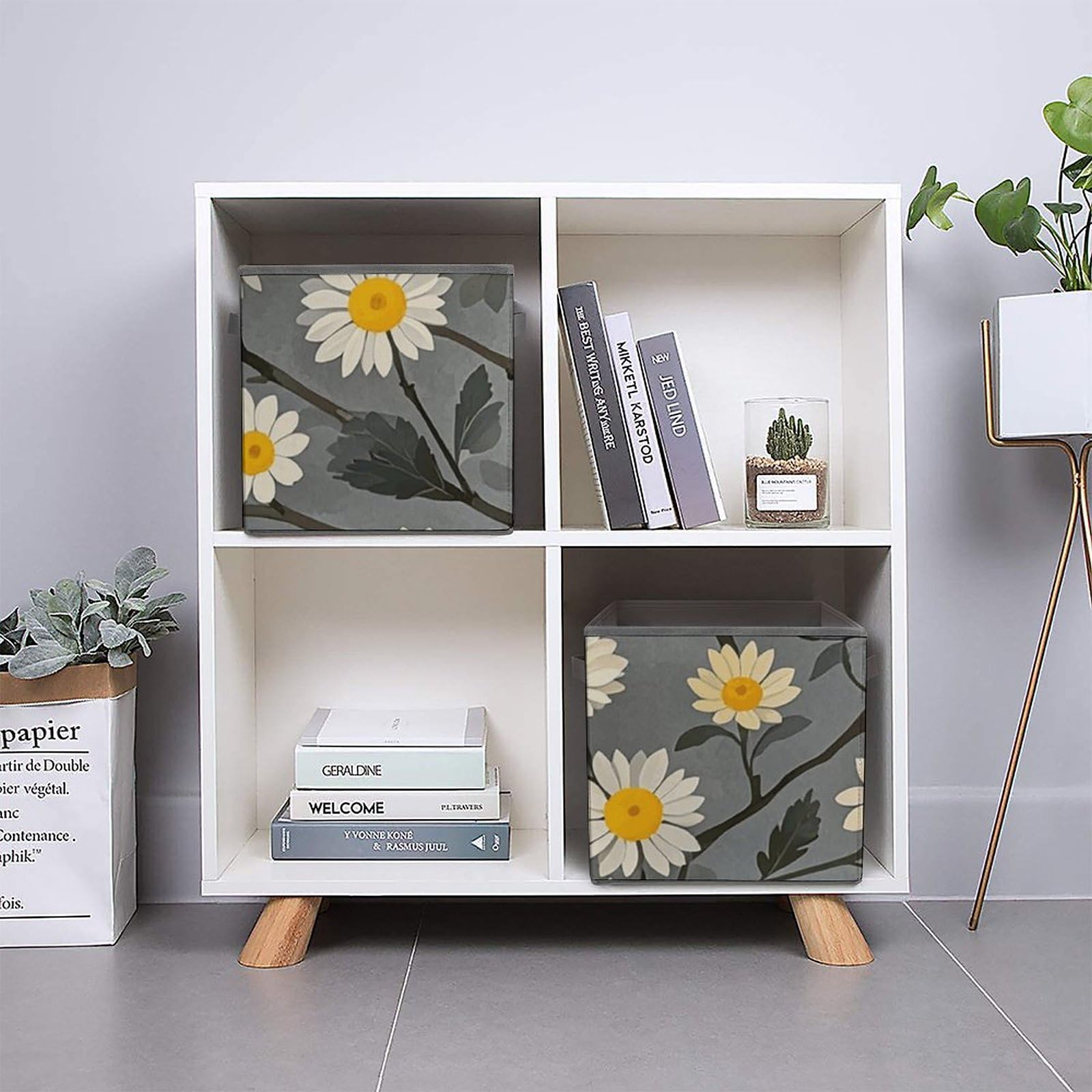 Storage Bin Tree Branch Yellow And White Floral Pattern Storage Cube Storage Basket with Handle Collapsible Closet Organizer Bin Foldable Storage Box Shelf Baskets for Bedroom Clothing 10.6 Inch