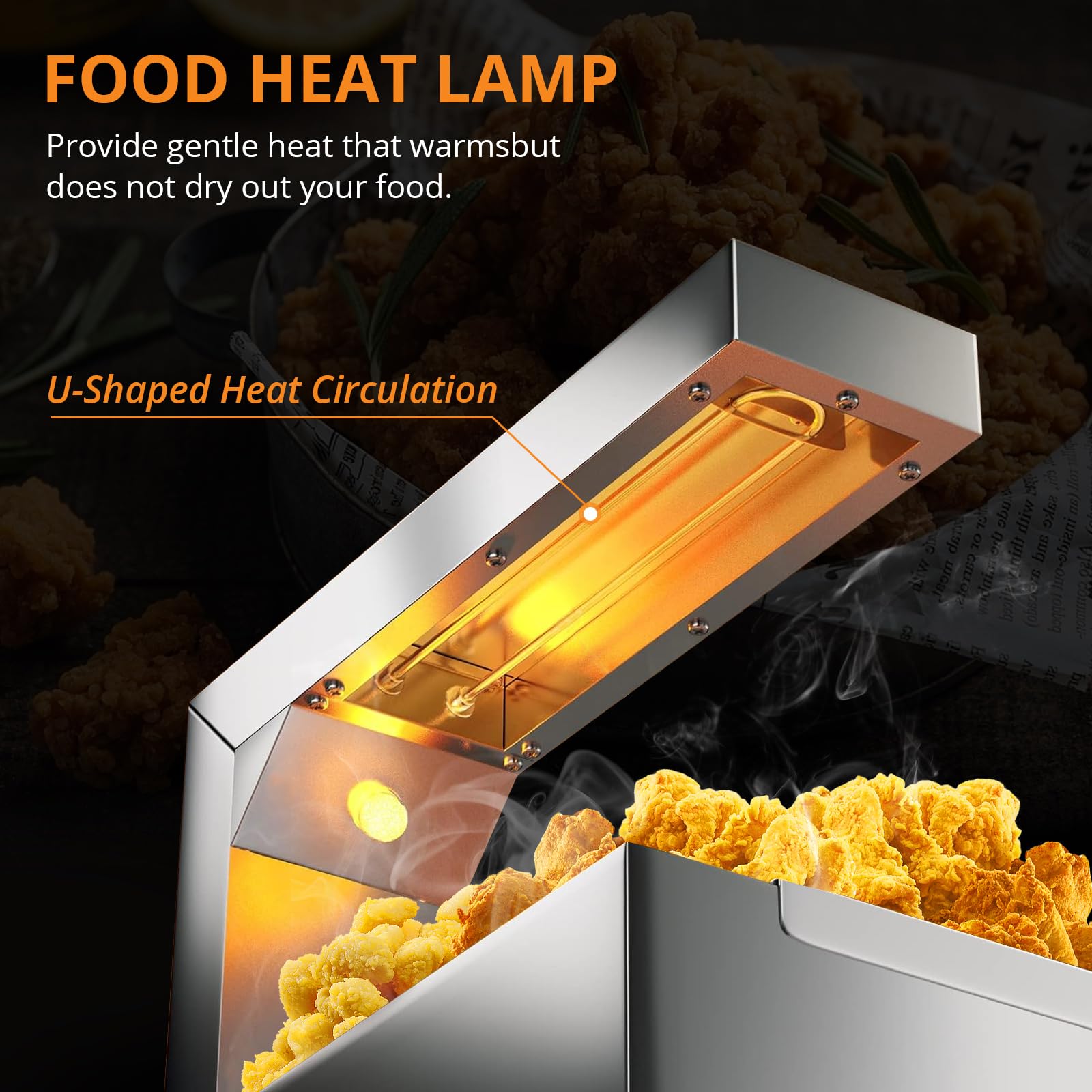 Commercial Food Heater, Fried Food Heater, Portable Food Heater, Fried Chicken Heater, Stainless Steel, with Heating lamp, 1000W, with Removable Curved Drain pan, Suitable for Commercial and Home use