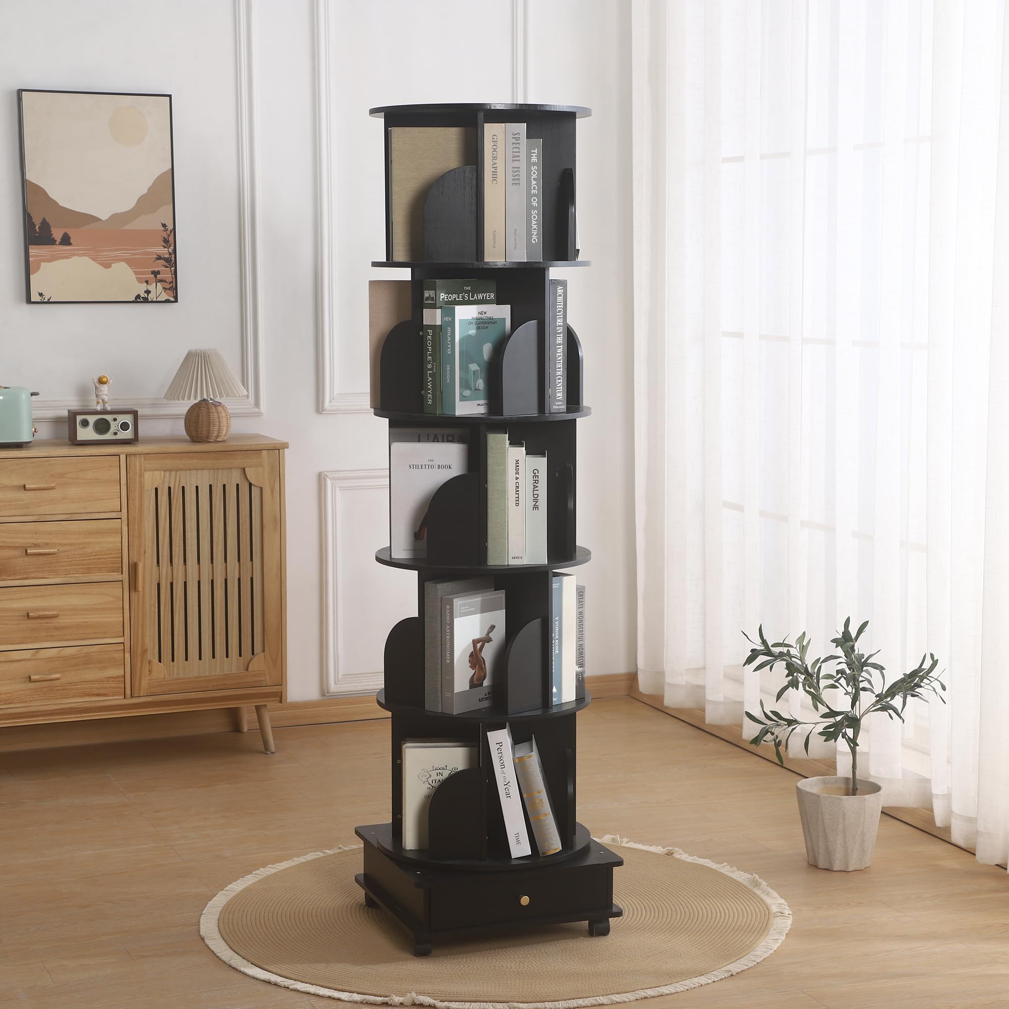 DGYLHBJ 360 Solid Wood Rotating Bookshelf,Bookcase on Wheels,Rotating Bookshelf with Drawer,360°Display Bookcase, Revolving Bookcase for Office,Bedroom, Living Room, Study, Library (Black)