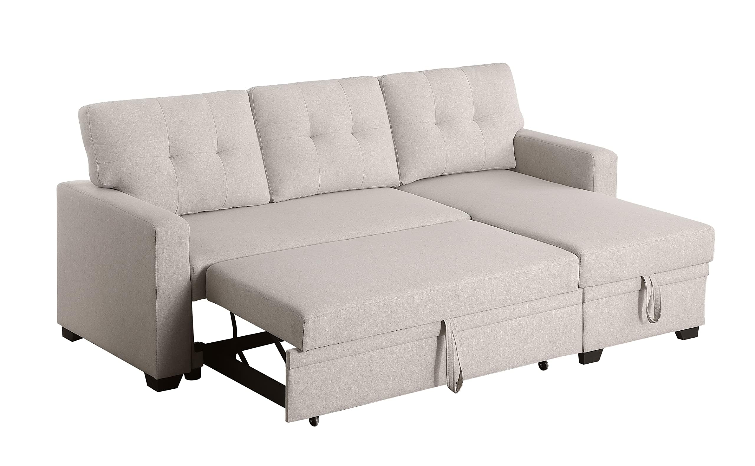 Wakefit Sectional Sofa Couch, 4-in-1 Sleeper Sofa Bed with Reversible Storage Chaise Pull Out Couch for Living Room | Hidden Stroge | Pull Out Bed | Removable Backrest | Linen Fabric, Beige