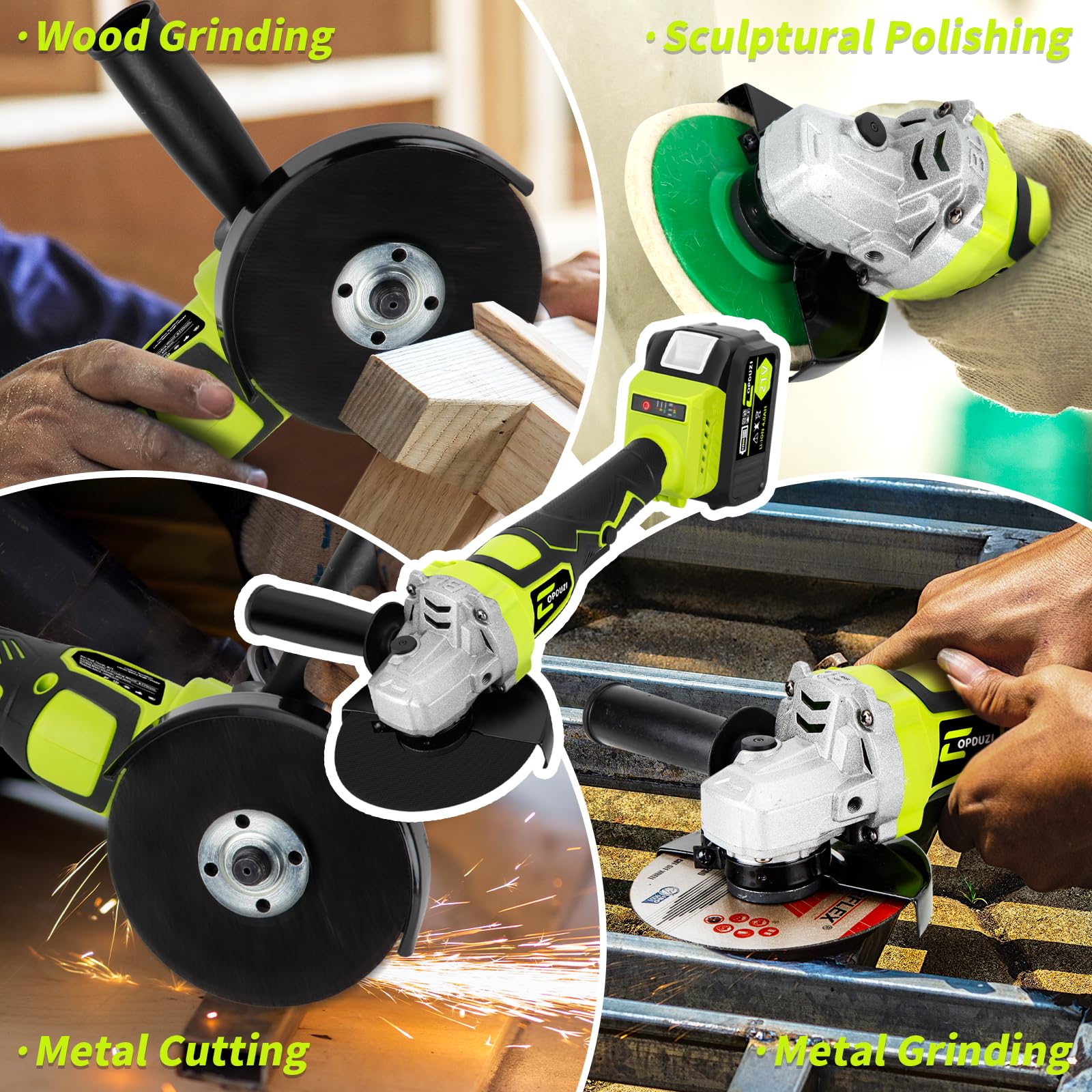 5" Cordless Angle Grinder,10000RPM Battery Powered Grinder,Metal Grinder w/ 2 * 4.0Ah Batteries and Fast Charger,Brushless Grinder w/Flap & Wool Carving & Cutting Wheel,for Flip Disk & Polishing