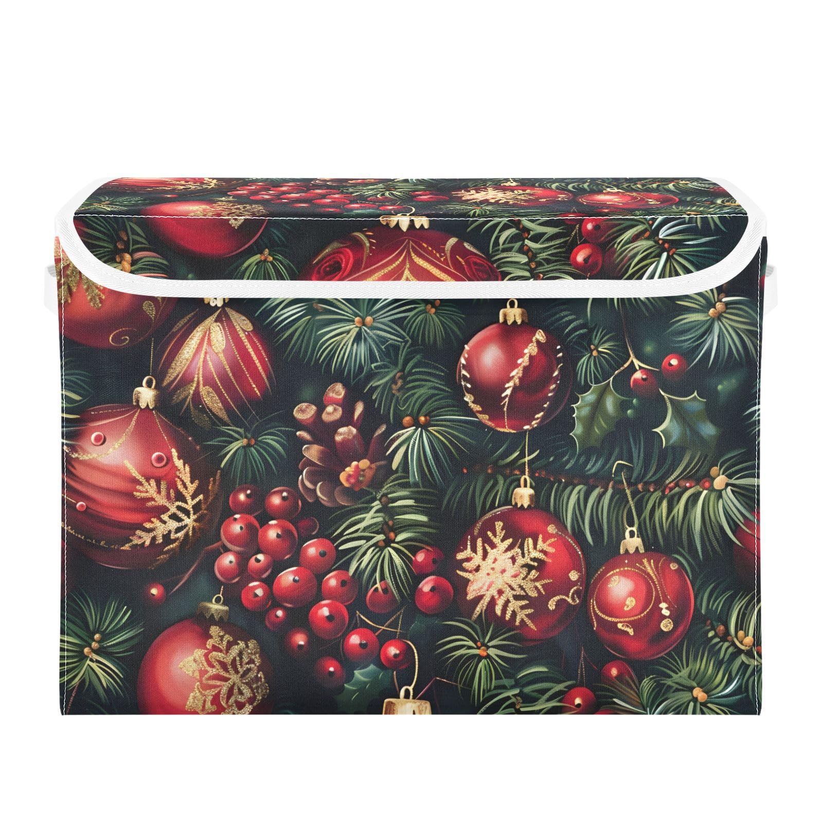 Collapsible Storage Bin with Lid Pattern Red Green Christmas Closet Organizer Basket