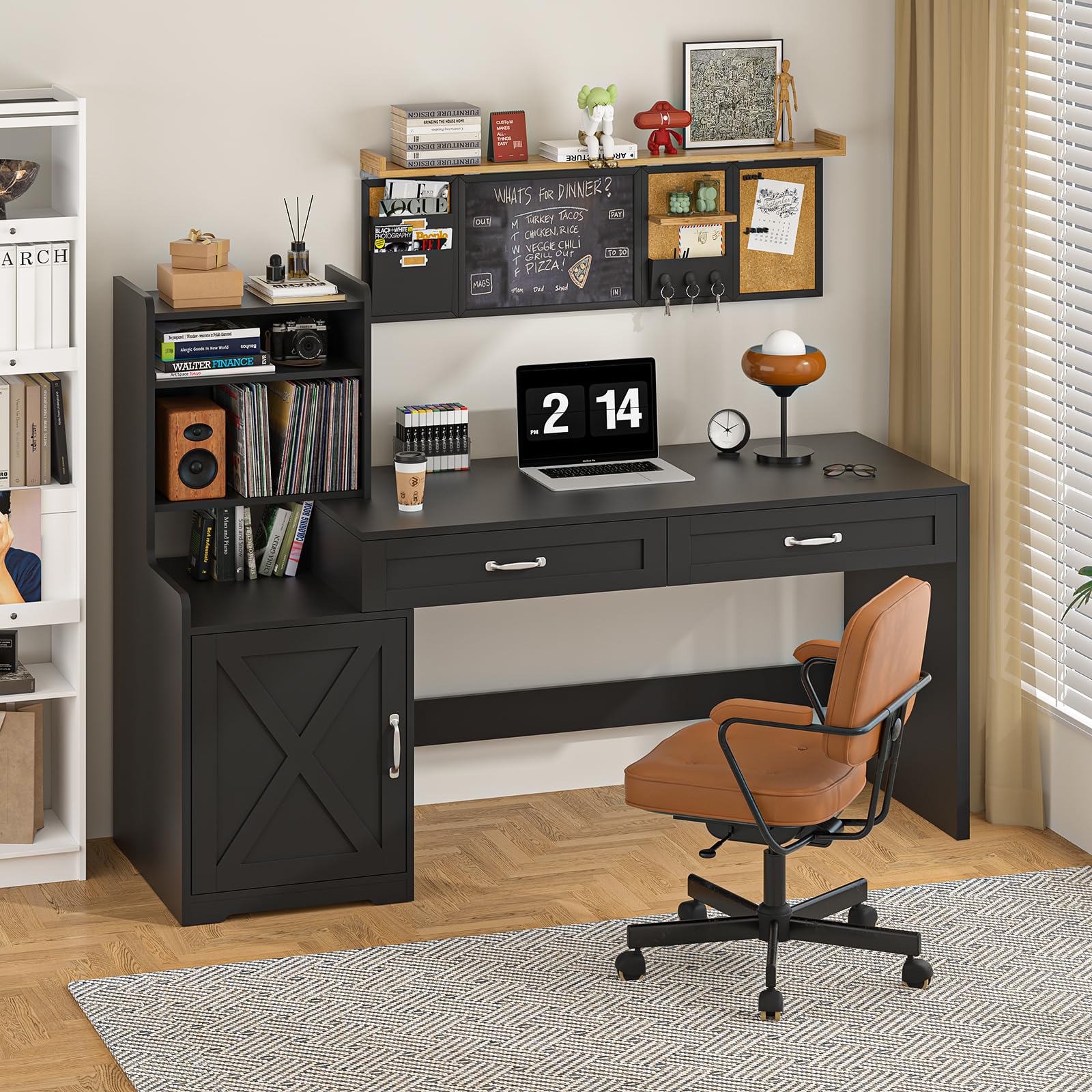 YOMILUVE 60" Computer Desk with 2 Drawer & Bookshelves, Home Office Desk with Storage Cabinet & Spacious Desktop, Writing Gaming Study Table with Bookcase, Black