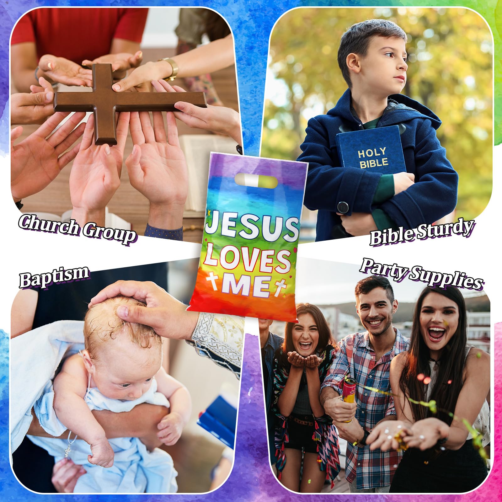 Hosuly 50 Pieces JESUS LOVES ME Gift Bags Plastic Goody Bags with Handles Religious Treat Bags Christian Cross Candy Gift Bag for VBS Church Party Supplies Party Favor Decoration