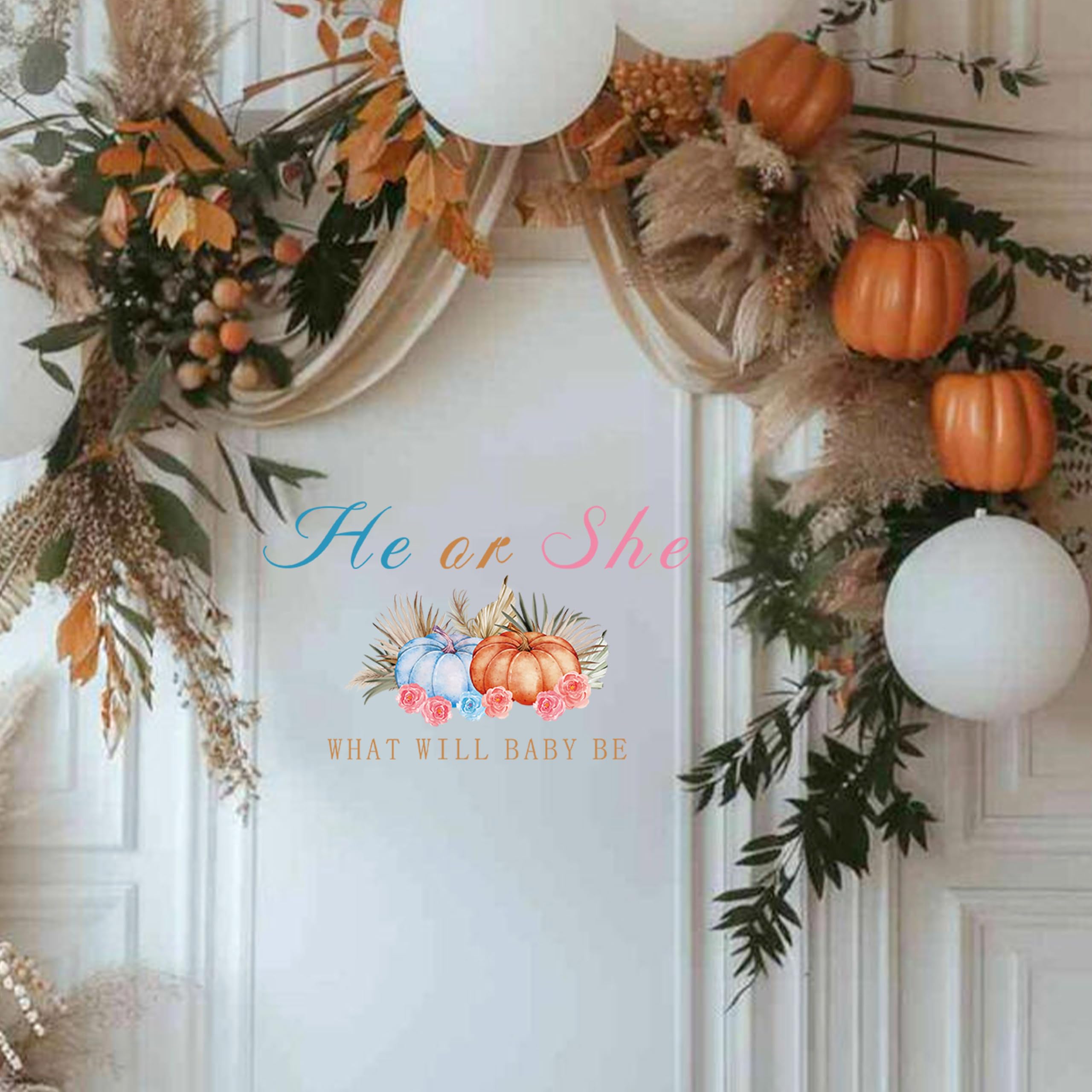 ZAIBIANHAO HE or SHE What Will Baby Be Gender Reveal Party Decal - Halloween Pumpkin Themed Shower Party Wall Decal Sign,Thanksgiving Stickers Decoration for Balloon Arch (Pumpkin He or She Decal)