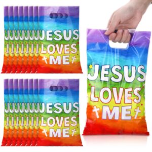 hosuly 50 pieces jesus loves me gift bags plastic goody bags with handles religious treat bags christian cross candy gift bag for vbs church party supplies party favor decoration