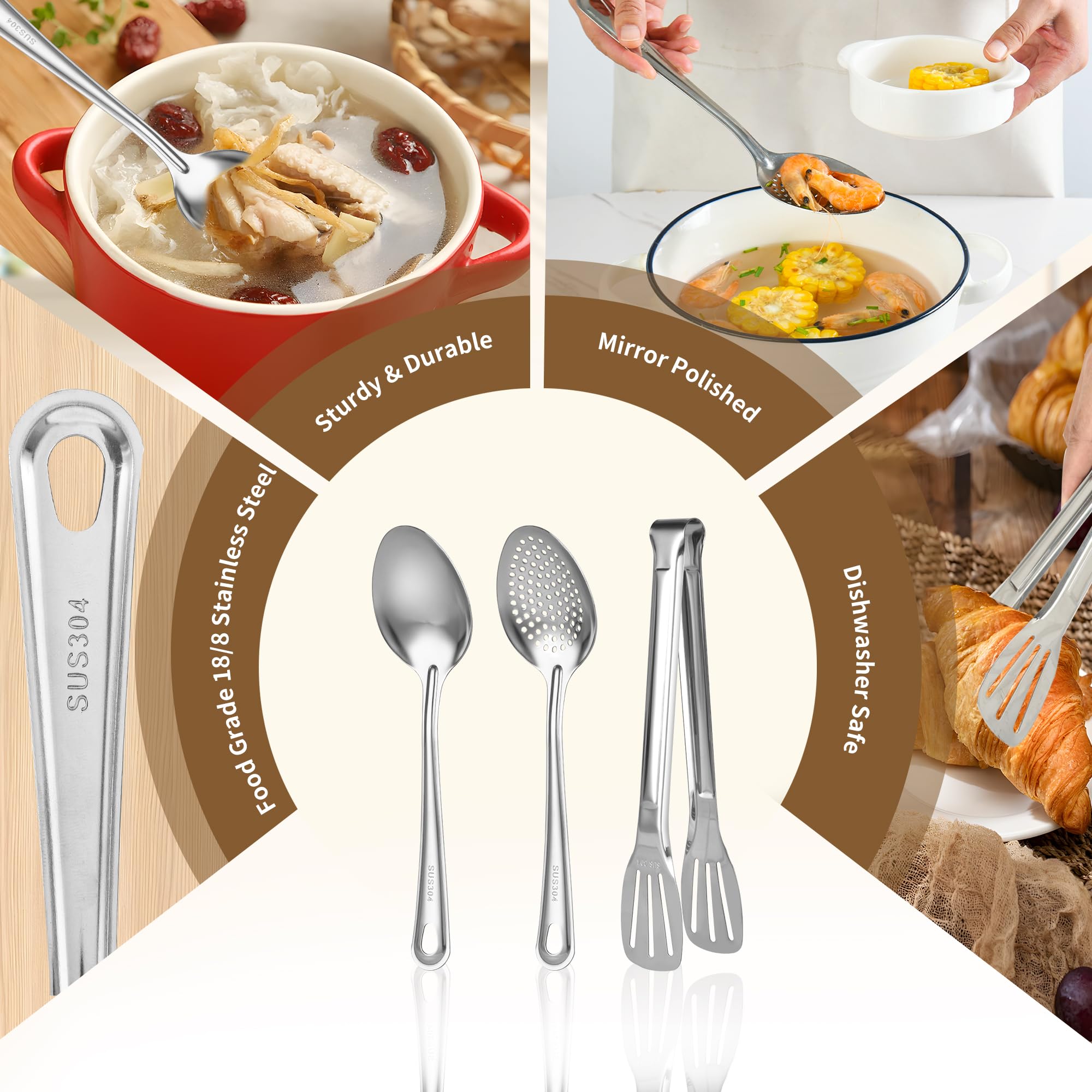 3 PCS Stainless Steel Serving Spoons Set,18/8 Large Serving Utensils,Include Serving Spoon,Slotted Spoon,Serving Tong,Stainless Steel Kitchen Utensil,For Buffet Catering Banquet,Dishwasher Safe