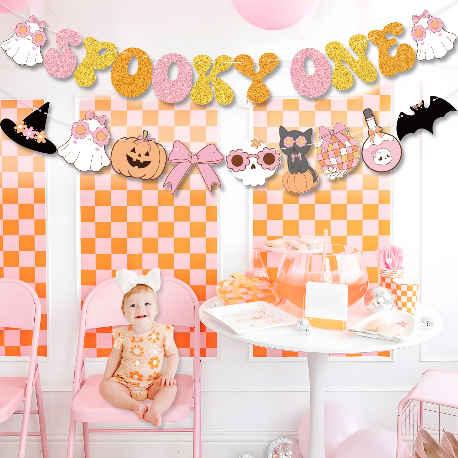 Groovy Spooky One Birthday Decorations Girl, Glitter Spooky One Banner, Pink Hippie Halloween 1st Birthday Party Decorations, Retro Groovy Coquette Halloween First Birthday Party Supplies