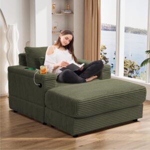 onemmlion oversized chaise longue chair indoor with ottoman, 42" w corduroy upholstered modern deep seat sofa couch with usb charging ports&cup holder, comfy reclining chair for living room, green