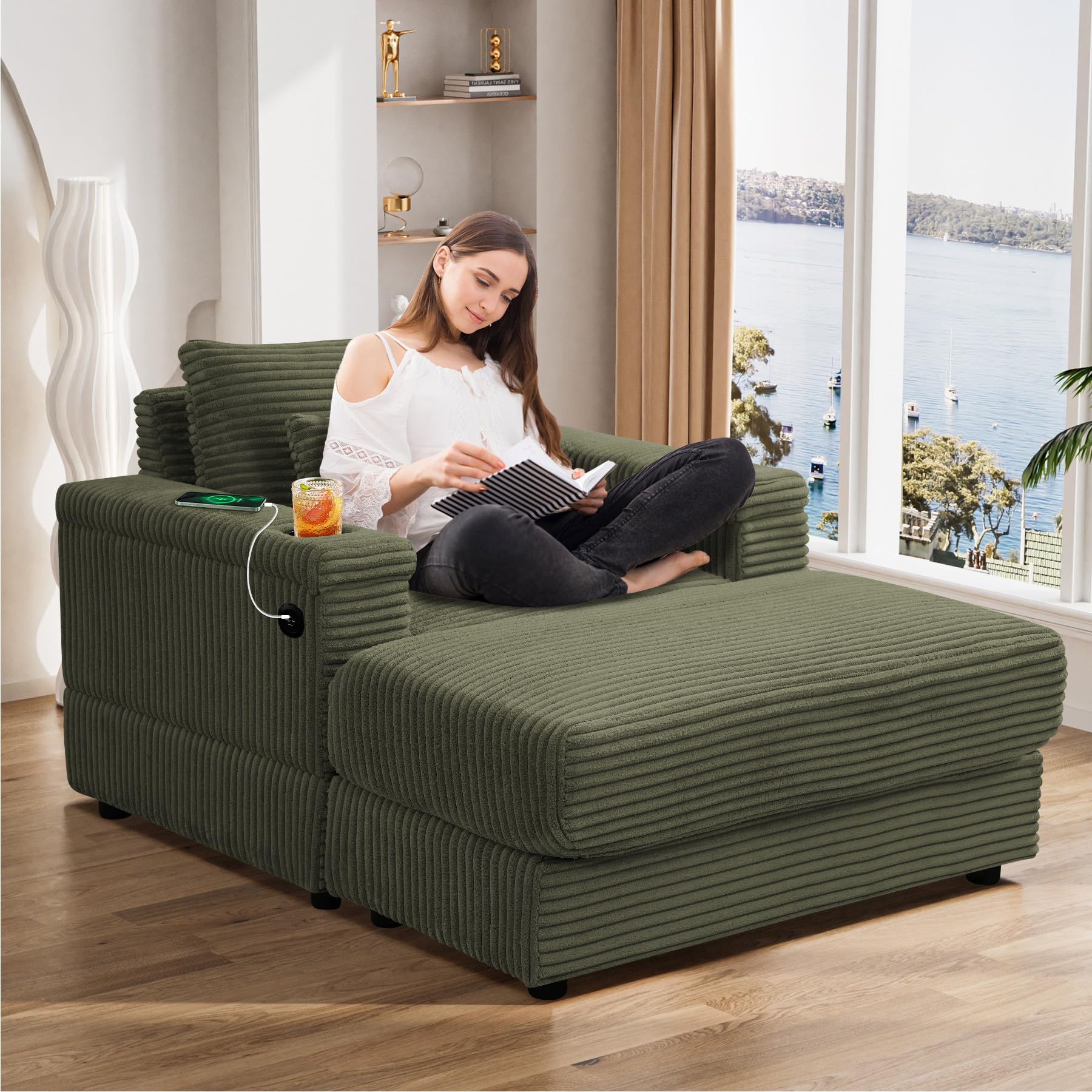 ONEMMLION Oversized Chaise Longue Chair Indoor with Ottoman, 42" W Corduroy Upholstered Modern Deep Seat Sofa Couch with USB Charging Ports&Cup Holder, Comfy Reclining Chair for Living Room, Green