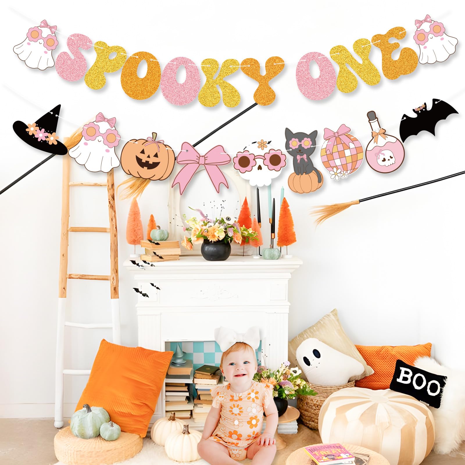 Groovy Spooky One Birthday Decorations Girl, Glitter Spooky One Banner, Pink Hippie Halloween 1st Birthday Party Decorations, Retro Groovy Coquette Halloween First Birthday Party Supplies