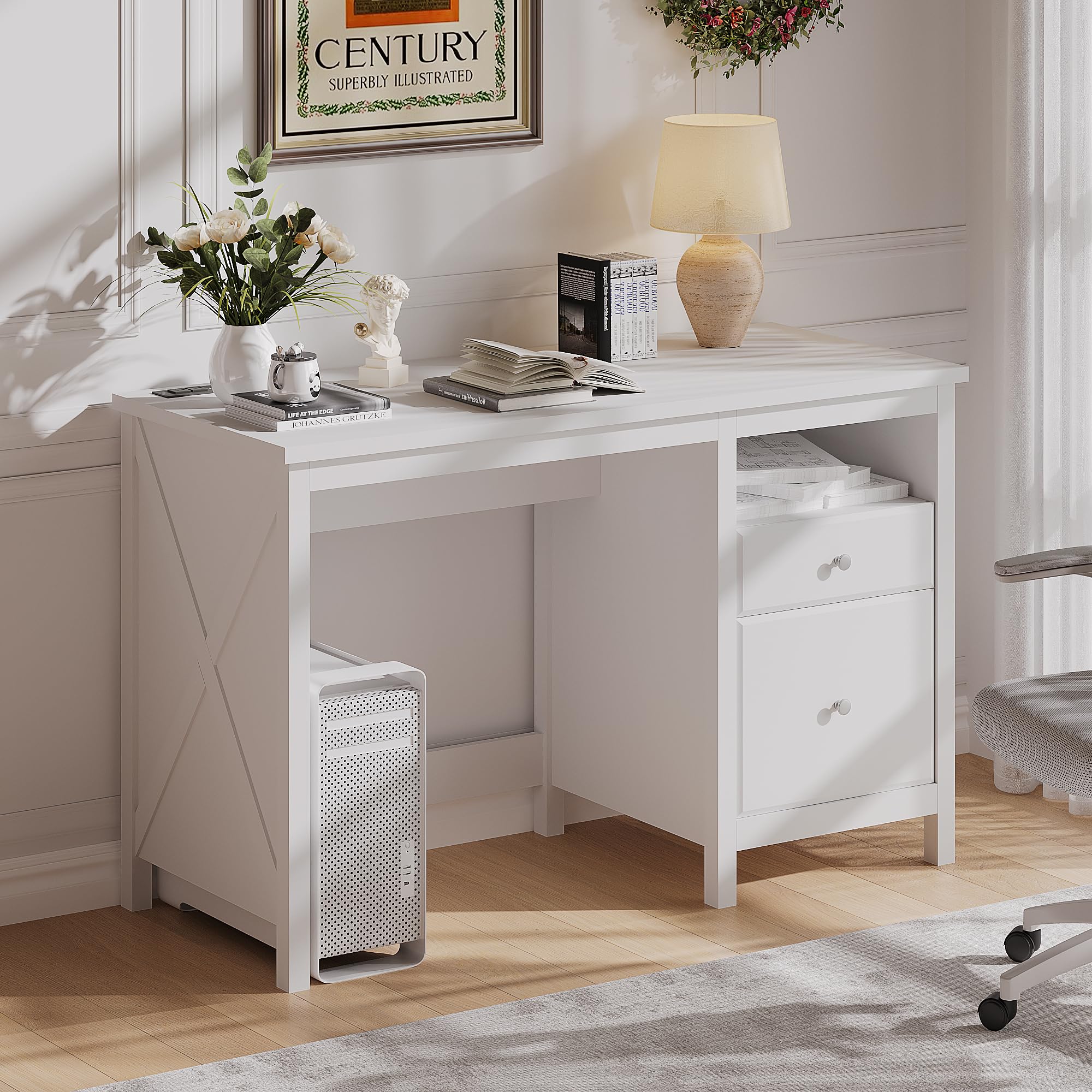 ChooChoo 47" White Desk with Drawers, Wood Home Office Computer Desk with Charging Station, 2 Storage Drawers and Open Shelf, Writing Study Table Vanity Desk