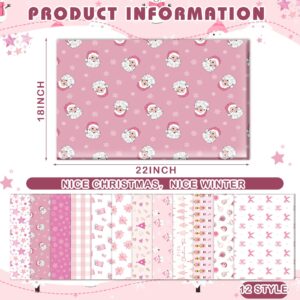 HunnmingRe 12 Pcs 18 x 22 Inch Christmas Fat Fabric Bundles Milk Fabric Silk Bundles Winter Xmas Tree Snowflake Deer Pre Cut Square Sheet Quarters by The Yard for DIY Sewing Crafting(Pink,Santa)