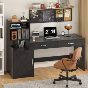 yomiluve 60" computer desk with 2 drawer & bookshelves, home office desk with storage cabinet & spacious desktop, writing gaming study table with bookcase, black