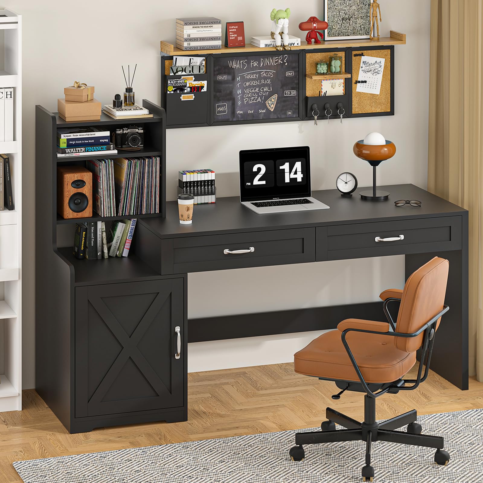 YOMILUVE 60" Computer Desk with 2 Drawer & Bookshelves, Home Office Desk with Storage Cabinet & Spacious Desktop, Writing Gaming Study Table with Bookcase, Black