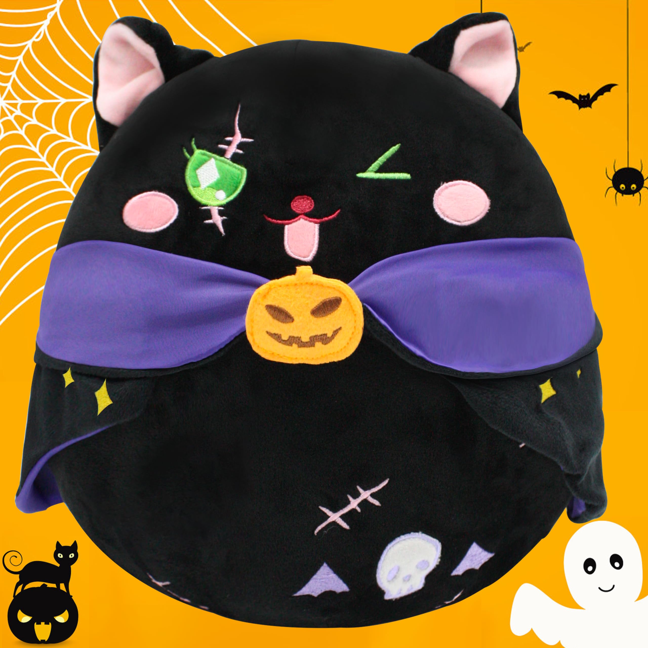 Jrystar 12'' Happy Halloween Black Cat Plush Pillow Toy Soft Skeleton Pumpkin Black Cat Plush Hugging Throw Pillow Home Party Decorations for Kids Adults