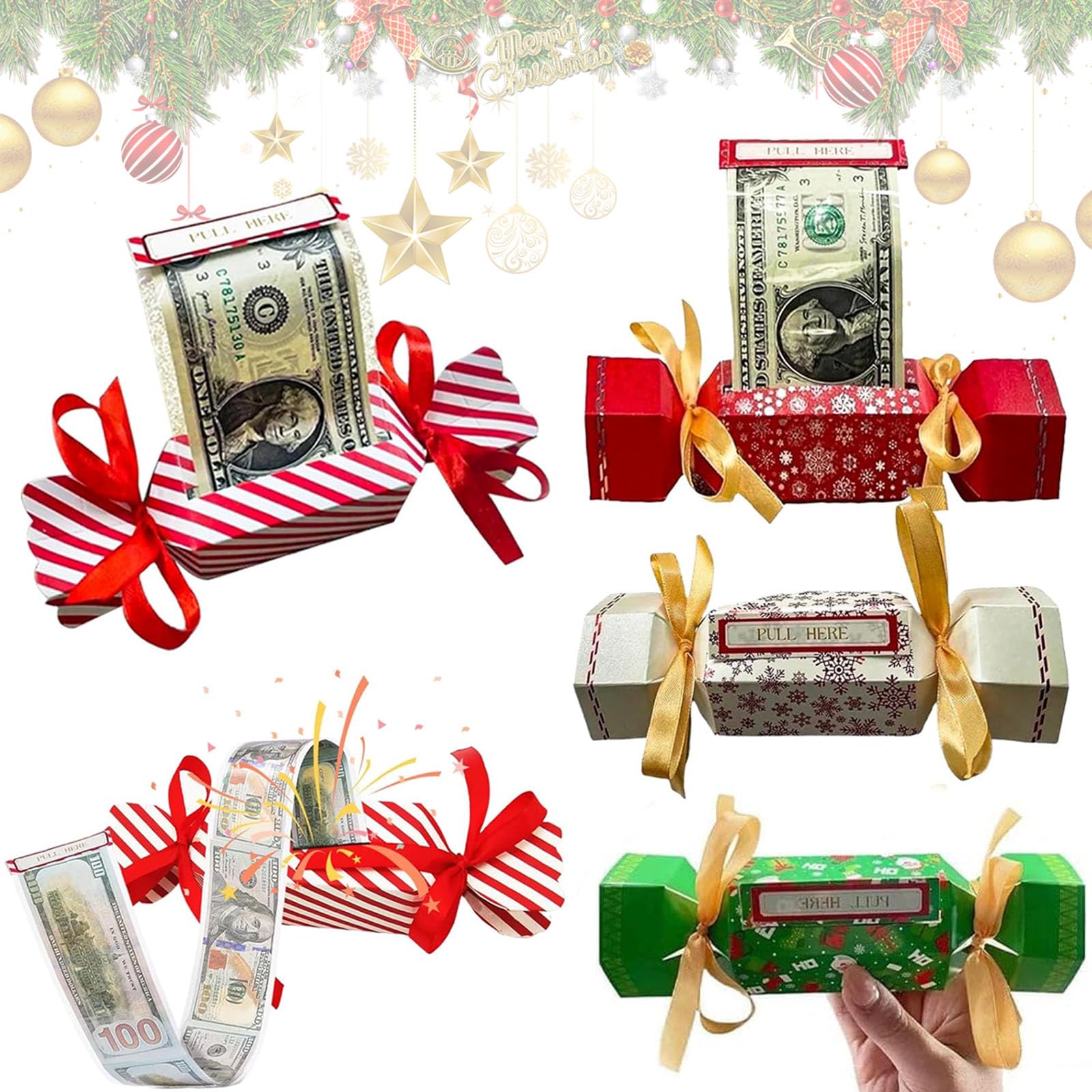 Christmas Surprise Money Pull Pouch, 4PCS Surprise Money Pull Pouch, Surprise Pull Out Money Gift Box, DIY Christmas Kit, Cash Gift Pouch, Christmas Party Gifts Money Box for Cash Pull (A)