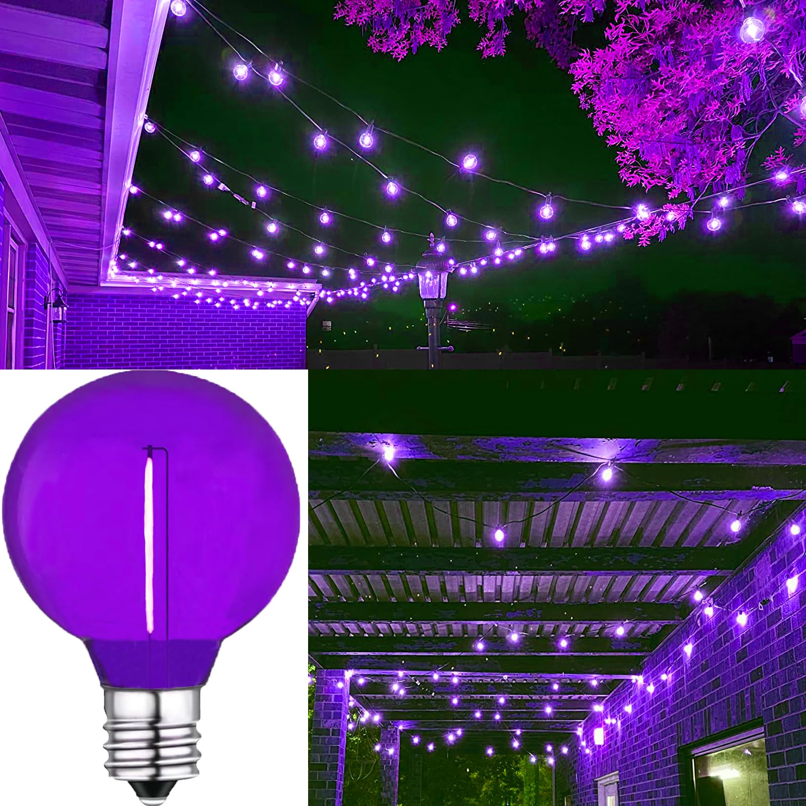 LRSUEYSKIN G40 Purple LED Replacement Bulb 1W Light Bulbs Shatterproof Waterproof LED Outdoor String Lights Decorative Night Light E12/C7 Candelabra Base for Wedding Patio Garden Yard,15 Pack(Purple)