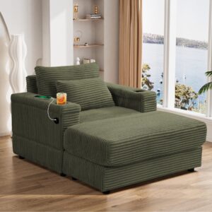 ONEMMLION Oversized Chaise Longue Chair Indoor with Ottoman, 42" W Corduroy Upholstered Modern Deep Seat Sofa Couch with USB Charging Ports&Cup Holder, Comfy Reclining Chair for Living Room, Green