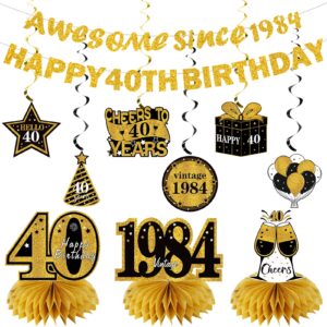 kuxriox 11pcs 40th birthday decorations kit for men women, black gold happy 40th birthday banner, awesome since 1984 centerpieces swirls party supplies, forty bday banner ceiling table topper sign