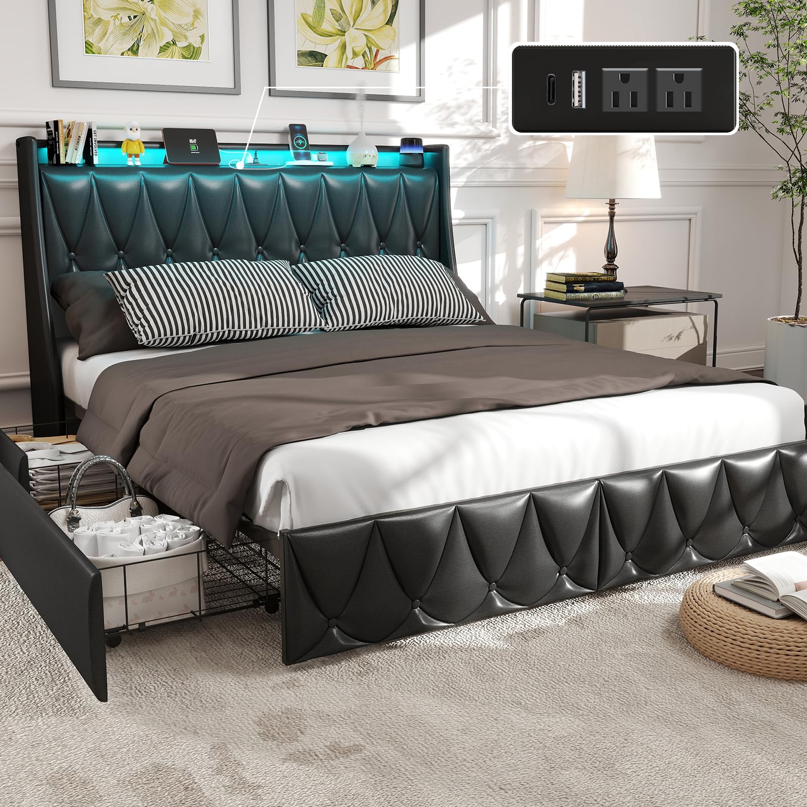 RVONOW Queen Size Bed Frame with 4 Storage Drawers, PU Leather Upholstered Bed Frame Platform with Charging Station & Storage Headboard, All Metal Slats Support, No Box Spring Needed/Noise Free/Black