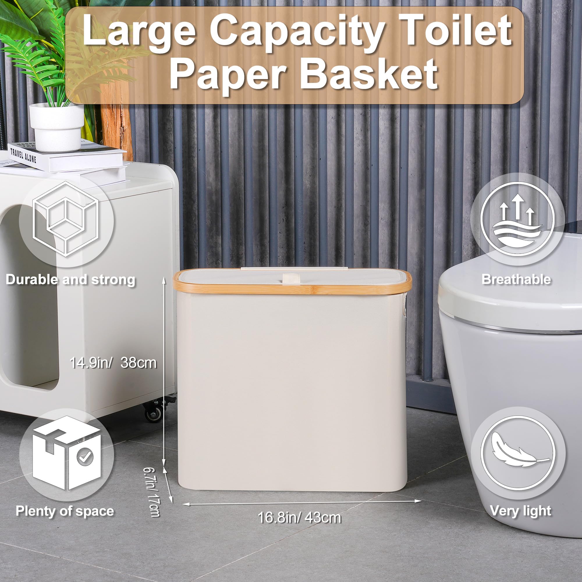 efluky Toilet Paper Storage 28L, Toilet Paper Basket with Lid for Bathroom Storage, Toilet Paper Organizer, Free Standing Toilet Paper Holds Up to 9-12 Rolls, Beige