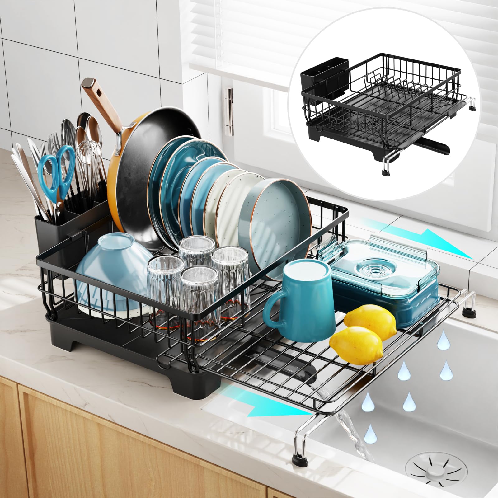 GSlife Expandable Dish Drying Rack - Large 2-in-1 Dish Racks for Kitchen Counter and Sink, Sink Dish Drainer with Drainboard, 2 Pan Slots and Utensil Holder, Black