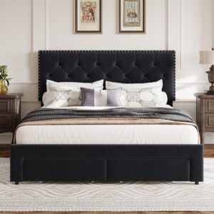 GarveeHome Upholstered Queen Bed Frame with 2 Storage Drawers, Velvet Platform Bed Frame with Button Tufted Rivets Headboard, Heavy Duty, No Box Spring Needed, Easy Assembly, Black