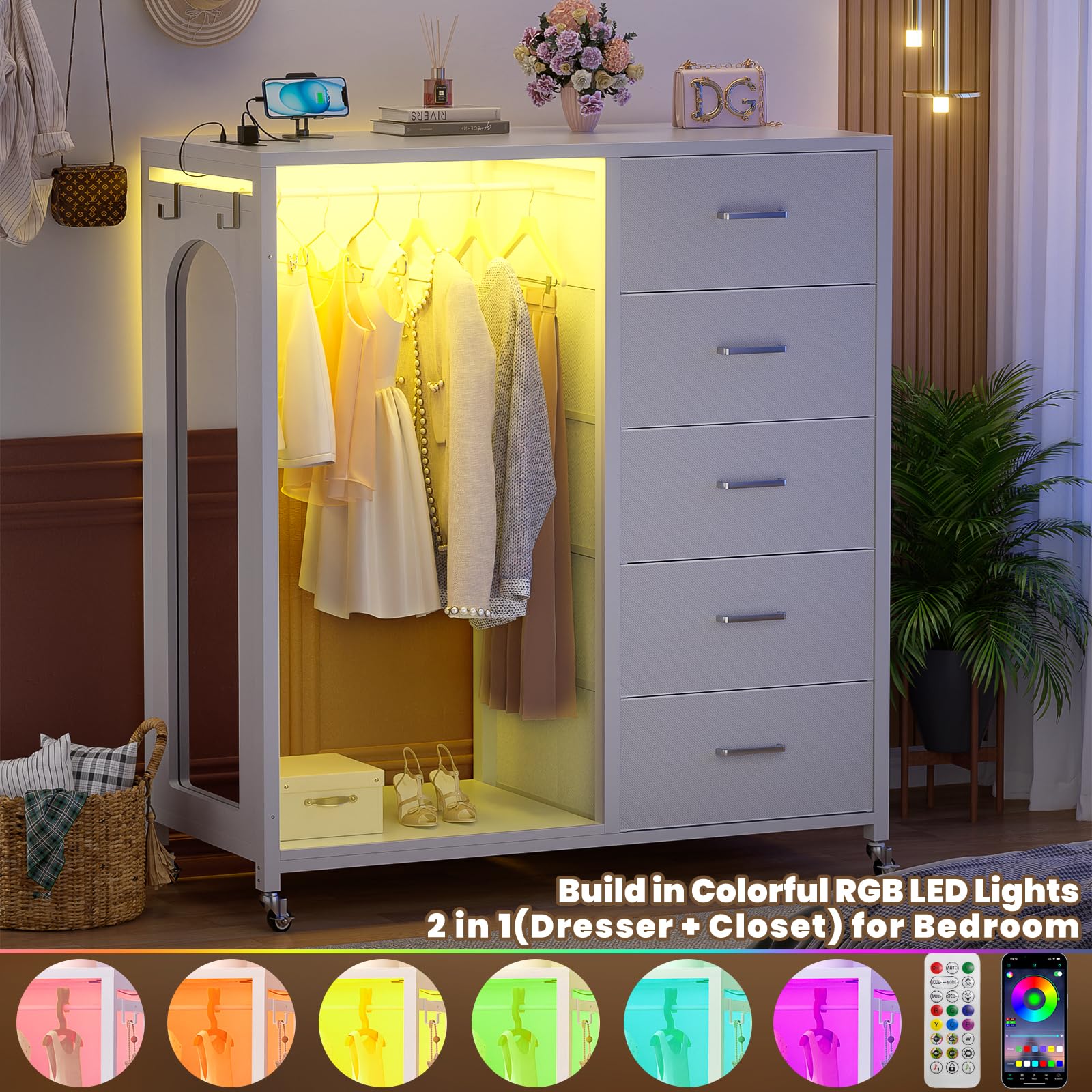 Cyclysio Dresser for Bedroom with Clothes Rack & Mirror, White 5 Drawers Dresser with Charging Station & LED Lights, Rolling Chest of Drawers with Wheels, Full Length Mirror, Wooden Top,Bedroom,Closet