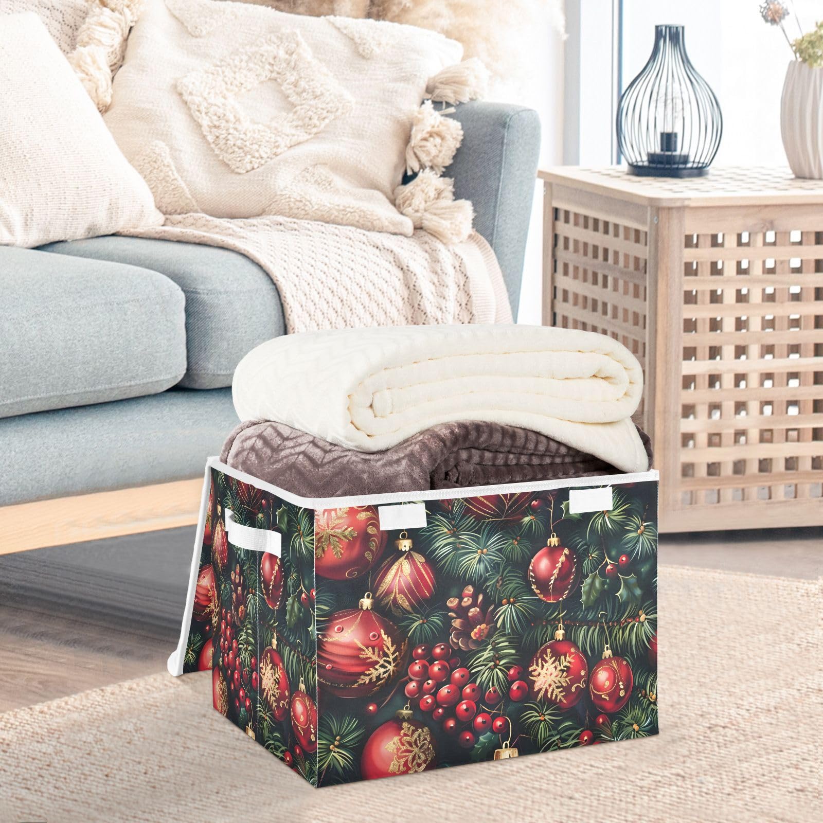 Collapsible Storage Bin with Lid Pattern Red Green Christmas Closet Organizer Basket