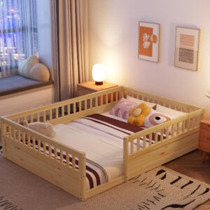 natural floor bed, full size montessori bed with high fence railings, wood playhouse bed with rails for baby kids boys girls teens, no slats included