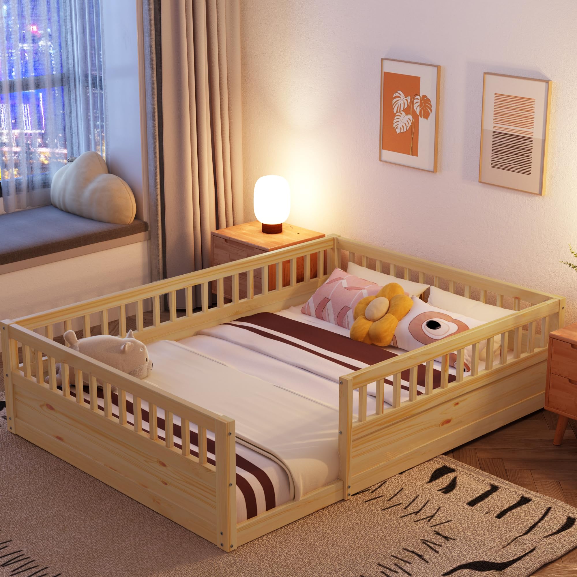 Natural Floor Bed, Full Size Montessori Bed with High Fence Railings, Wood Playhouse Bed with Rails for Baby Kids Boys Girls Teens, No Slats Included