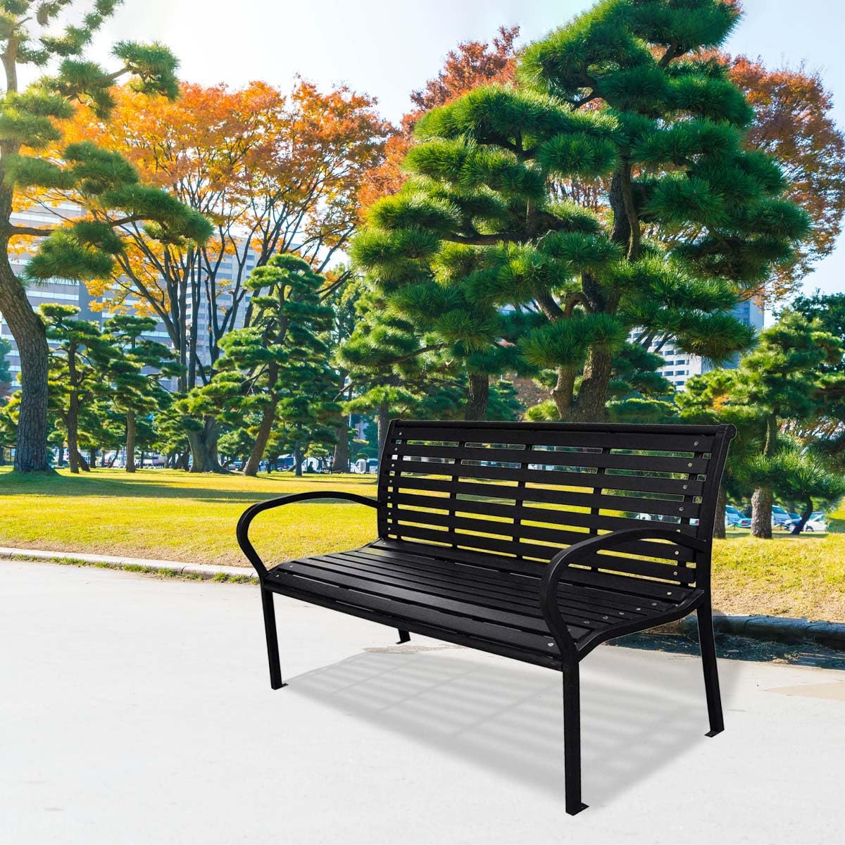 FunMay Patio Bench, Black Steel and WPC, Durable Outdoor Seating