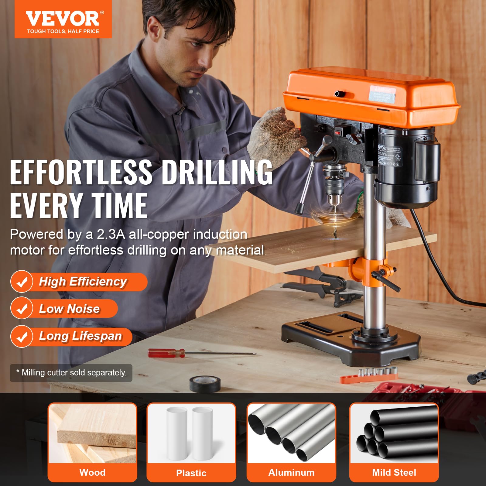 VEVOR 8 in Benchtop Drill Press, 2.3A Induction Motor, Tabletop Drilling Machine with 750/1140 / 1740/2340 / 3200 RPM Adjustable Speed, 0-45° Tilting Worktable, LED Work Light, for Wood Metal