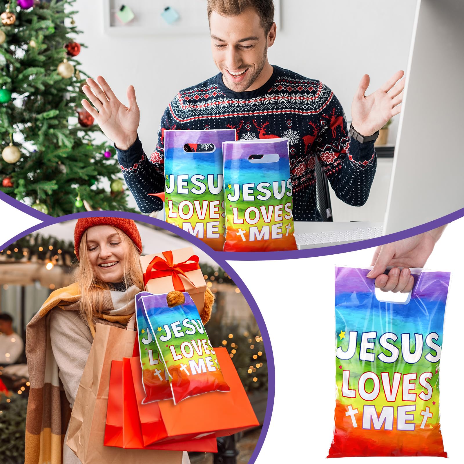 Hosuly 50 Pieces JESUS LOVES ME Gift Bags Plastic Goody Bags with Handles Religious Treat Bags Christian Cross Candy Gift Bag for VBS Church Party Supplies Party Favor Decoration