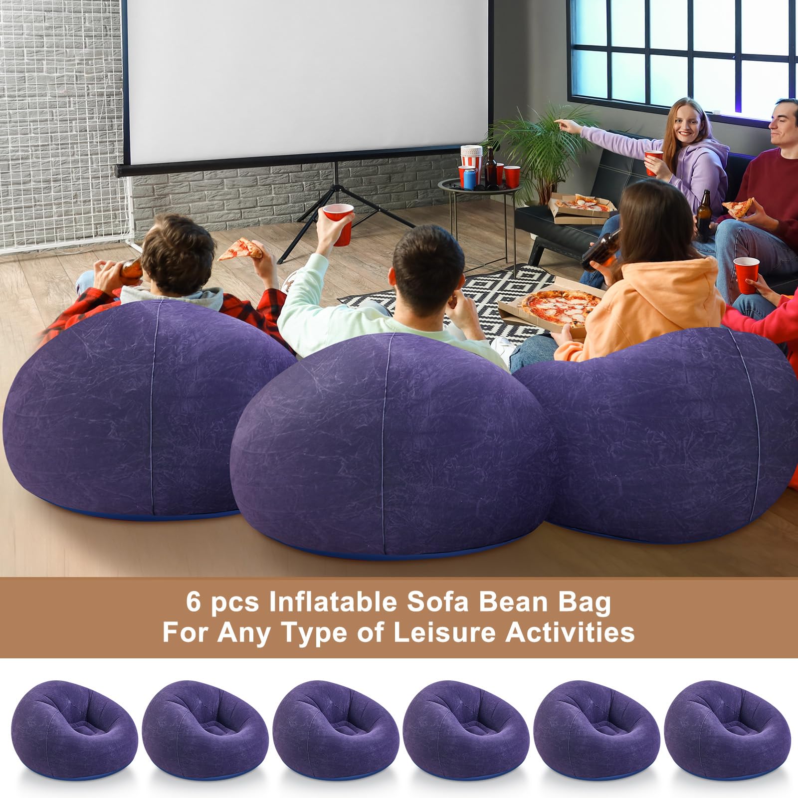 Realspring 6 Pcs Bean Bag Chairs for Adult Inflatable Chairs with Electric Air Pump,Blow up Chair Folding Portable Inflatable Couch Lazy Sofa for Camping Living Room Bedroom (Blue)