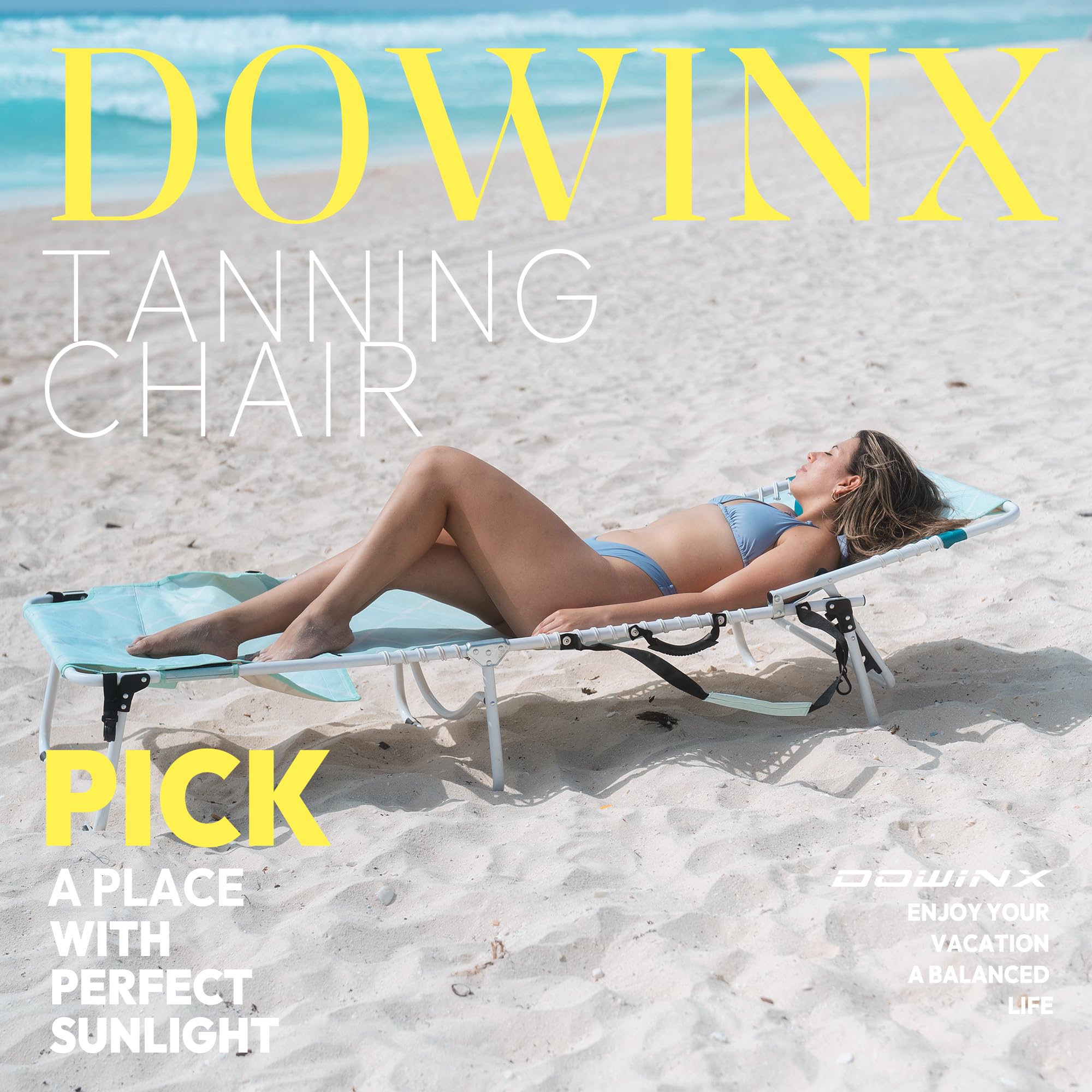 Dowinx Oversized Tanning Chair with Face Hole, Portable Chaise Lounge for Adults, Folding Beach Chair Outdoor Lounge Chair for Outside Sunbathing Reading Stomach, Lay Flat Sun Lounger, 475lbs, Aqua