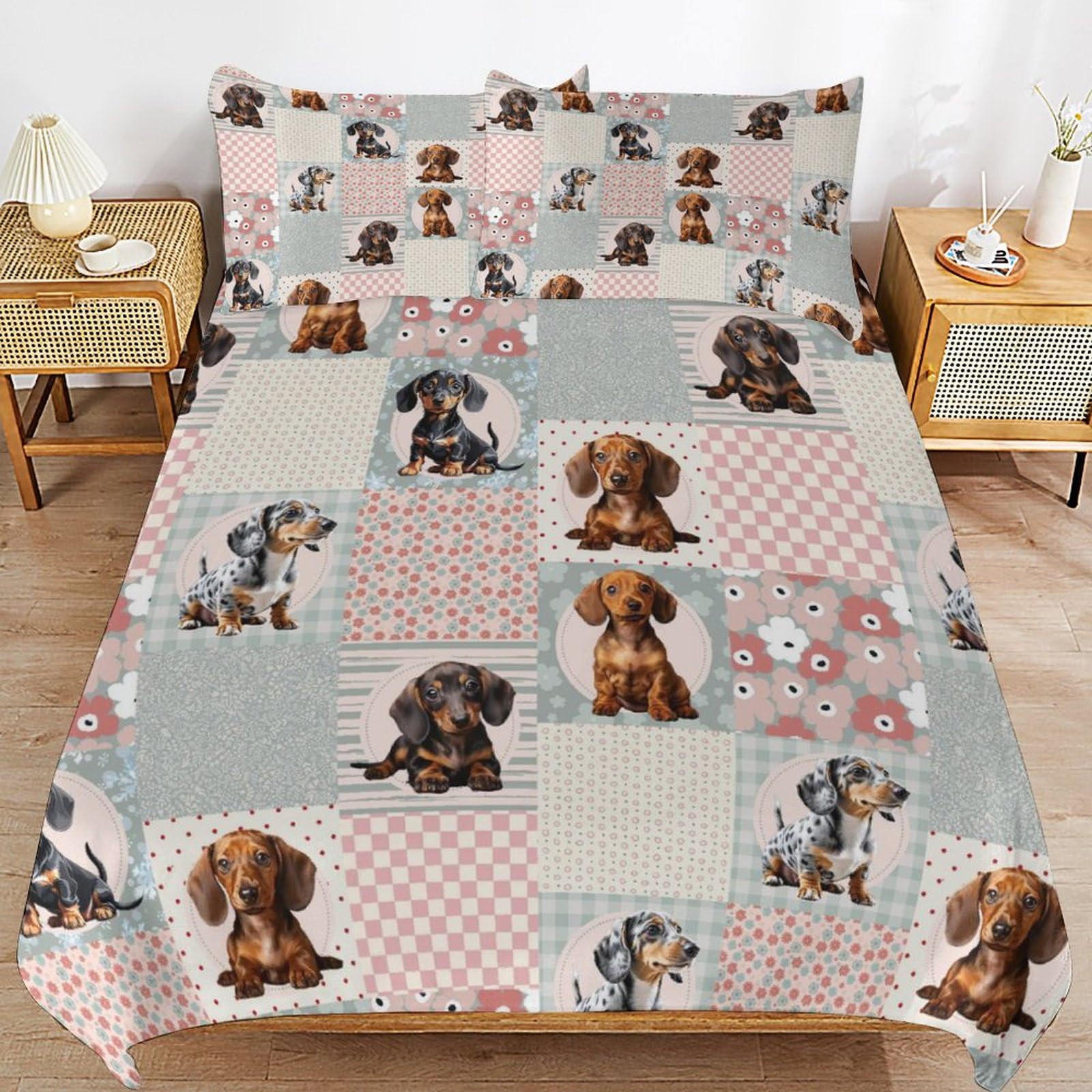 Dachshund Bedding Set Full Size Dachshund Comforter Cover Set for Teen Boys Super Soft Construction Sausage Dog Duvet Cover Set Bedroom Decor Twin Full Queen King Size Quilt Cover with 2 Pillowcase